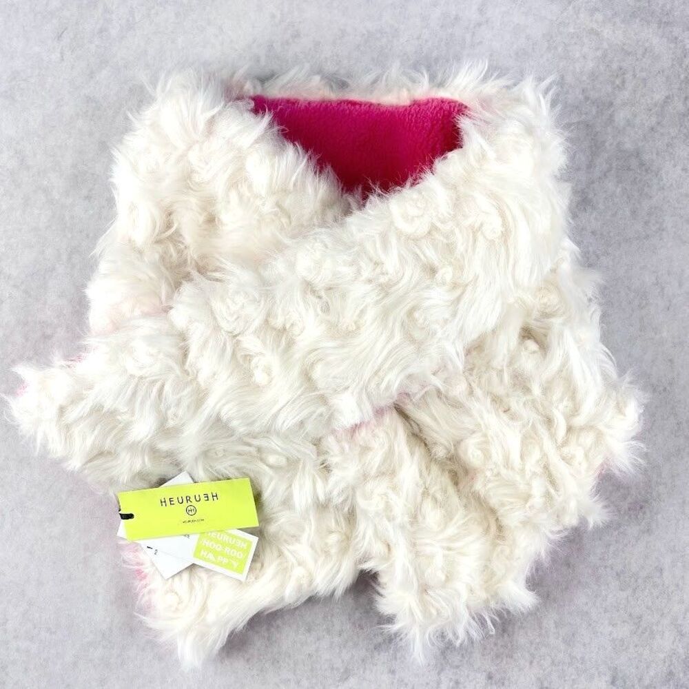Heurueh Faux Fur Scarf Pull Through White with Cozy Pink Fleece Lining NEW!
